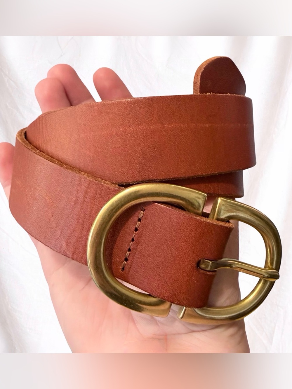 Vintage Genuine Leather Brown Belt Brass Buckle Size Small Distressed 1” Wide